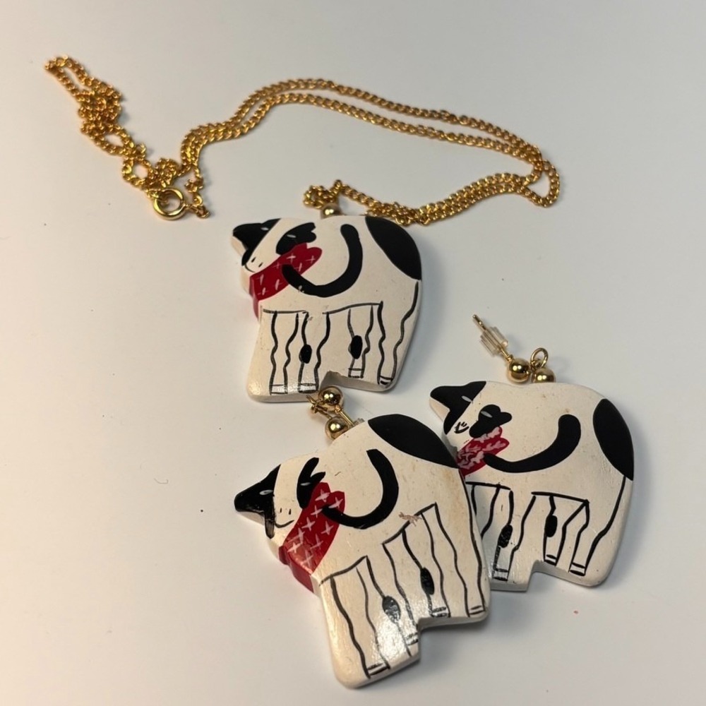 Vintage Necklace‎ Earrings Hand Painted Cow Chunky Huge